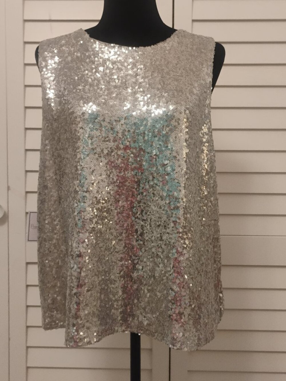 NWT Premier Amour Sequin Sparkle tank blouse. Silver. Lined. XL